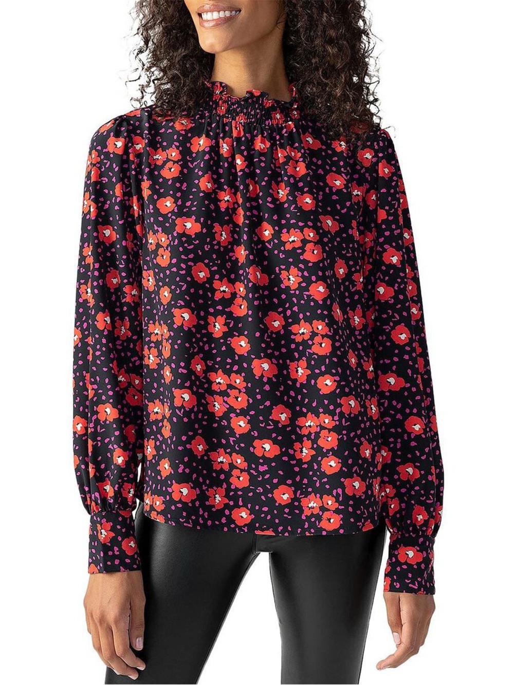 Sanctuary Womens Smocked Collar Puff Shoulders Floral Blouse